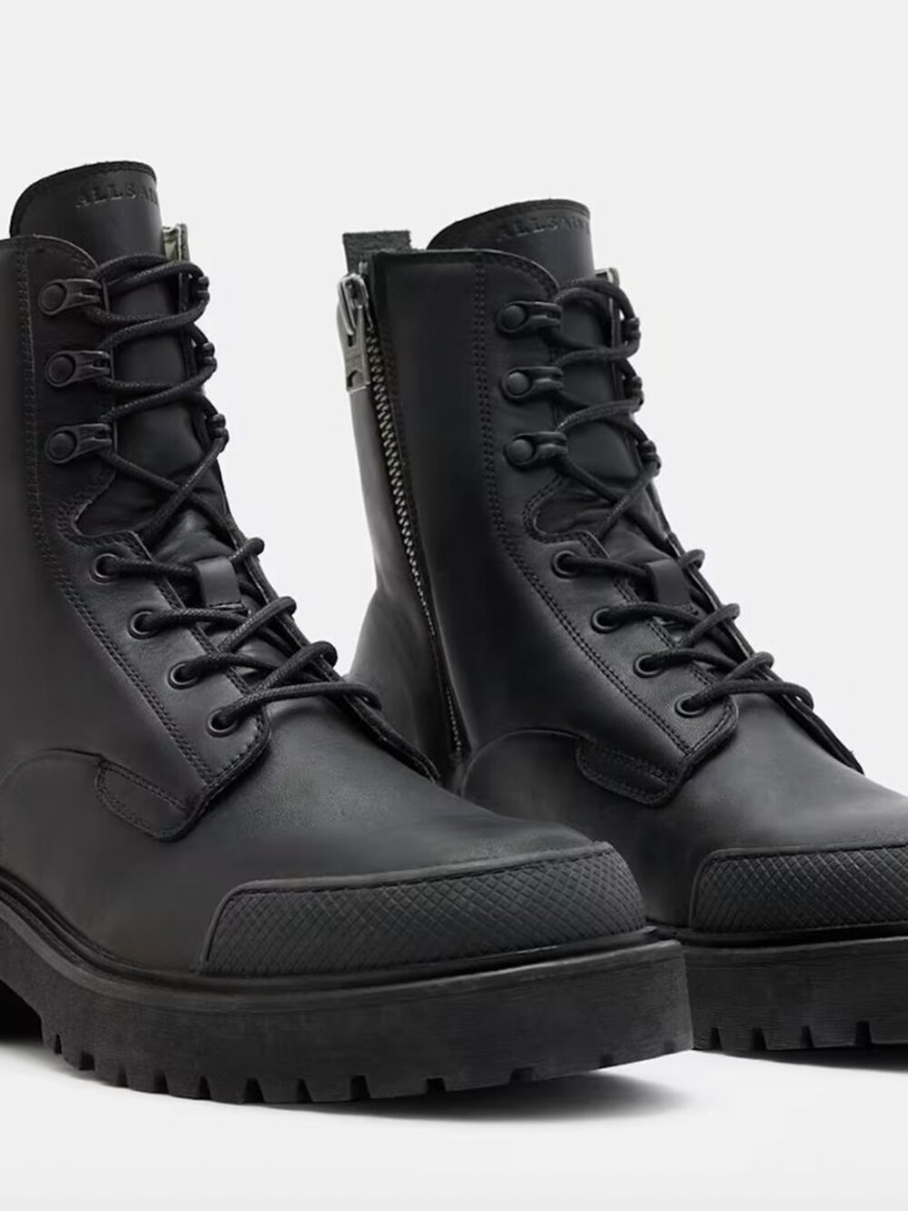 All Saints Mudfox Black Leather Lace-Up Combat Boots with Side Zipper
